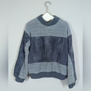 Vintage 90s Suede Panel Sweater Textured Knit Lined Pullover Medium